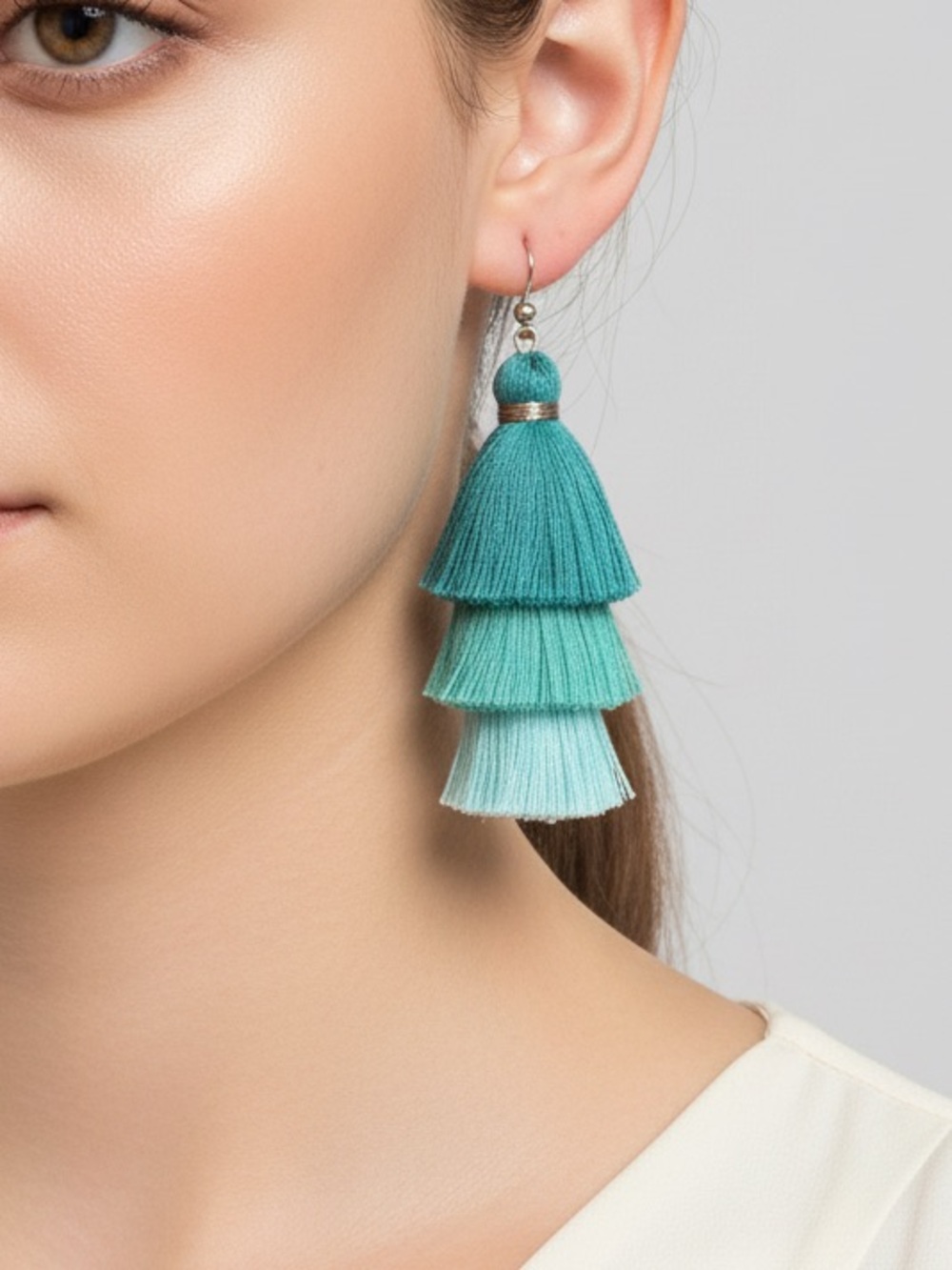 Teal Ombre Tassel Earrings | Tiered Fringe Boho Statement